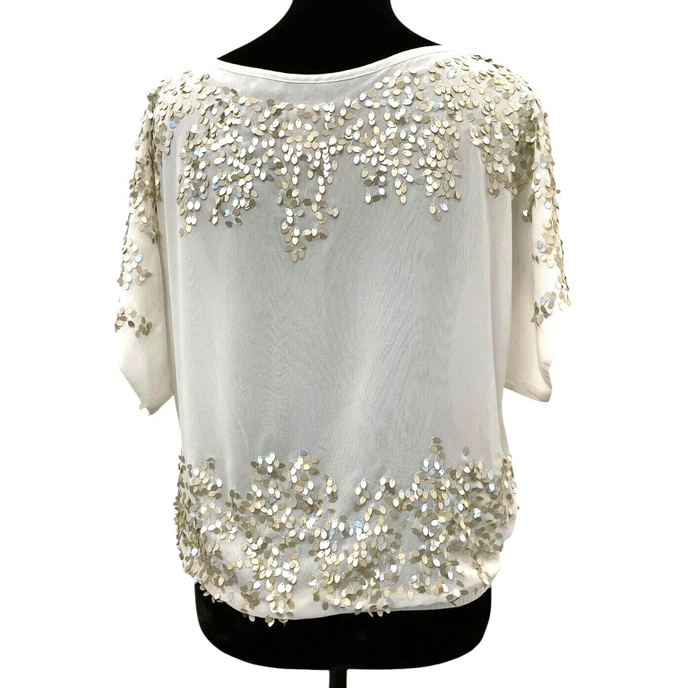 Cache Womens Cold Shoulder Dolman Blouse Top Size XS Cream Chiffon Sequin Trim - Picture 8 of 12